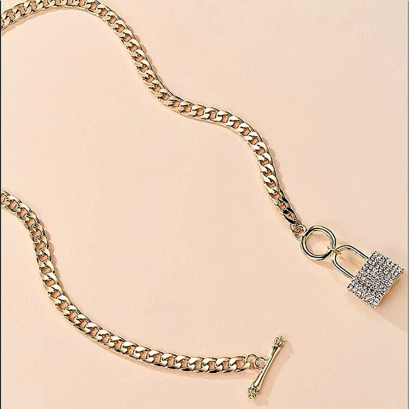 Gold Lock Rhinestone Chain Link Toggle Necklace - Picture 7 of 10
